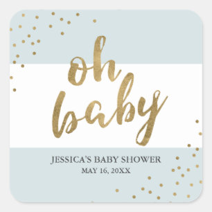 Blue & Gold Modern Stripes Boy Baby Shower Favour Square Sticker