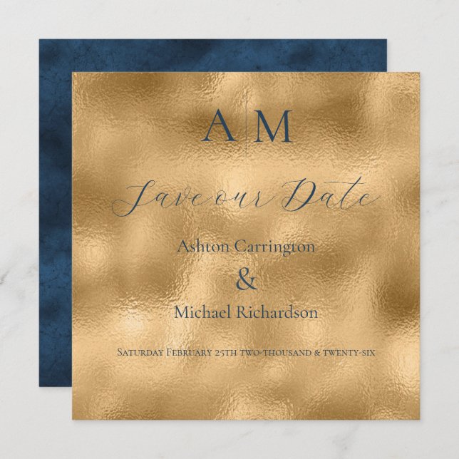 Blue Gold Monogram Modern Wedding  Save The Date (Front/Back)