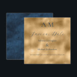 Blue Gold Monogram Modern Wedding  Save The Date<br><div class="desc">Beautiful bride & groom monograms at the top of this beautiful wedding Save the Date card.  Faux gold background with deep blue font to coordinate with the distressed blue back of this elegant invitation.  Absolutely stunning.</div>