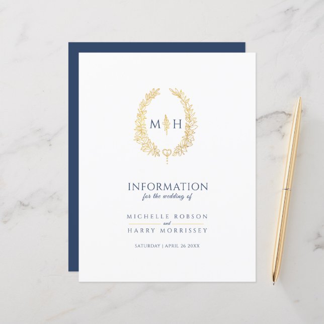 Blue gold monogram wreath wedding guest info (Front/Back In Situ)