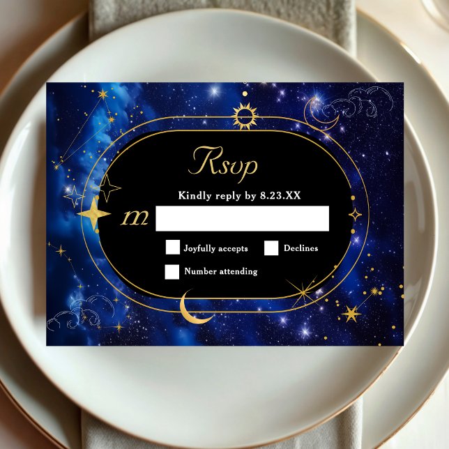 Blue gold moon mystic celestial astronomy wedding RSVP card (Creator Uploaded)