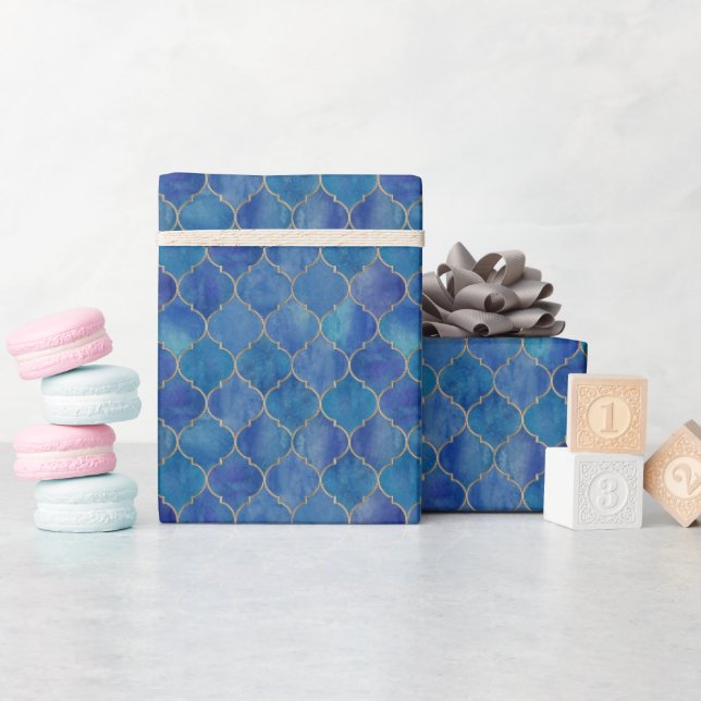 Blue & Gold Moroccan Tile Wrap Wrapping Paper (Baby Shower)