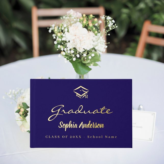 Blue gold name script cap Graduation Guest Book (Creator Uploaded)