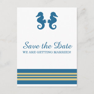 Blue Gold Nautical Seahorse Save the Date Announcement Postcard