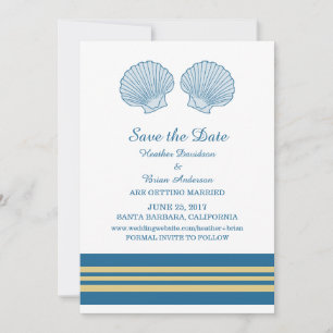 Blue Gold Nautical Seashells Save the Date Invite