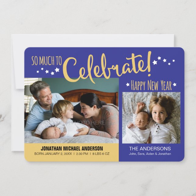 Blue & Gold New Years Photo Baby Boy Announcement (Front)