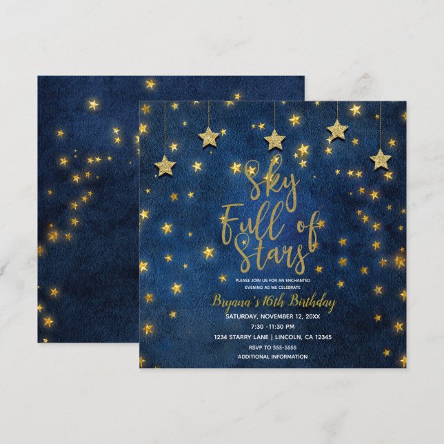 Blue Gold Night Under Sky Full of Stars Celestial Invitation (Front/Back)