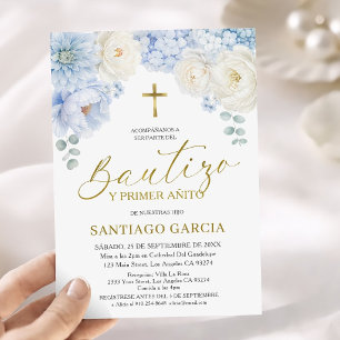 Blue Gold Niño Spanish Bautizo y Primer Anito  Invitation