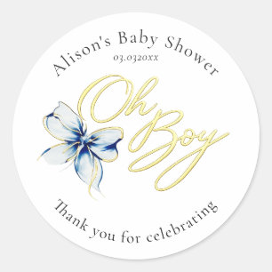 Blue & Gold “Oh Boy” Floral Typography Baby Shower Classic Round Sticker