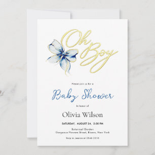 Blue & Gold “Oh Boy” Floral Typography Baby Shower Invitation