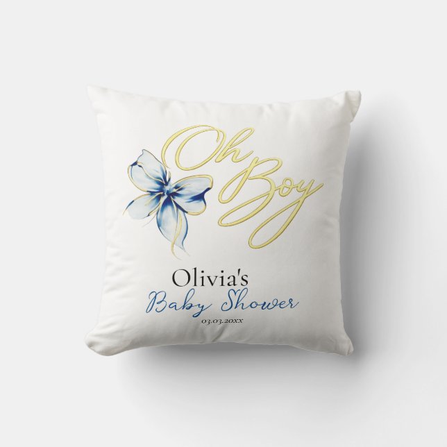 Blue & Gold “Oh Boy” Gold Typography Baby Shower Throw Pillow (Front)