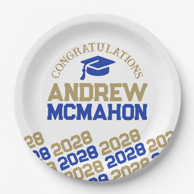 Blue & Gold on White Half Repeat Grad Personalized Paper Plate (Front)