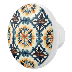 Blue Gold Orange and Brown Pattern  Ceramic Knob