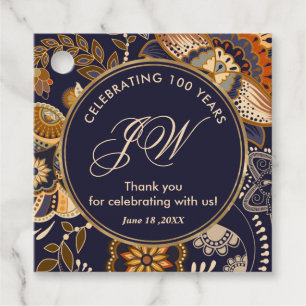 Blue Gold Paisley Pattern 100th Birthday Thank You Favour Tags