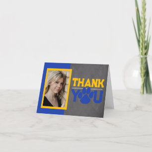 Blue & Gold Paw Print Graduation Folding 2 Photo Thank You Card