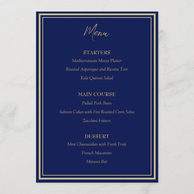 Blue Gold Peacock Art Nouveau Wedding Flat Menu (Front)