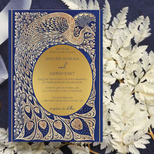 Blue Gold Peacock Art Nouveau Wedding Invitation
