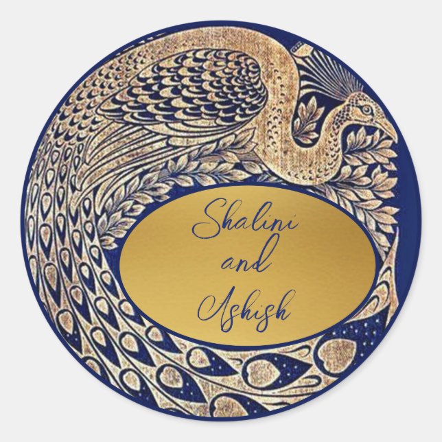 Blue Gold Peacock Art Nouveau Wedding Sticker (Front)