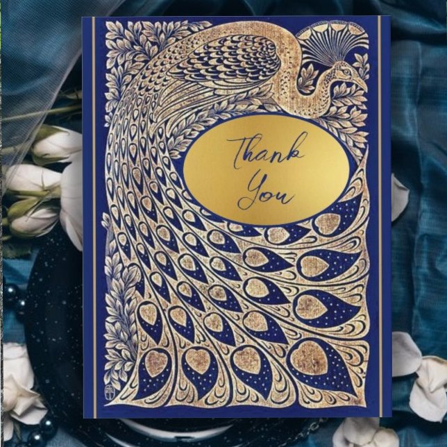 Blue Gold Peacock Art Nouveau Wedding Thank You Card (Creator Uploaded)