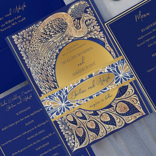 Blue Gold Peacock Art Noveau Wedding Invitation Belly Band