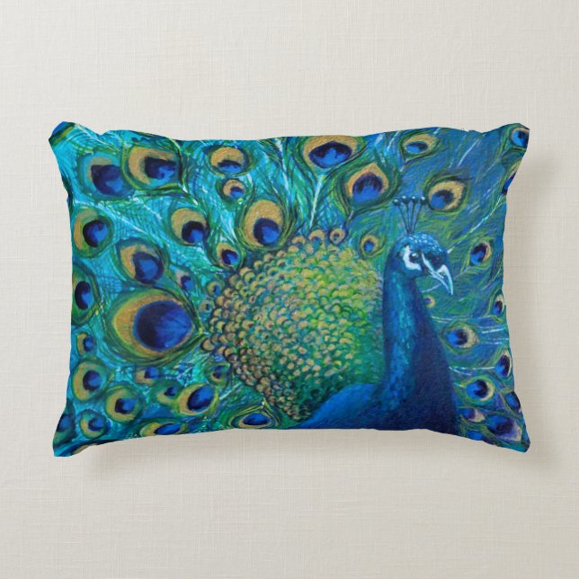 Blue & Gold Peacock Design Accent Pillow (Front)
