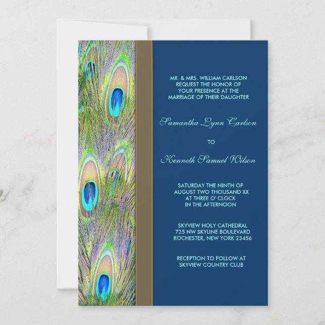 Blue Gold Peacock Feathers Wedding Invitation (Front)