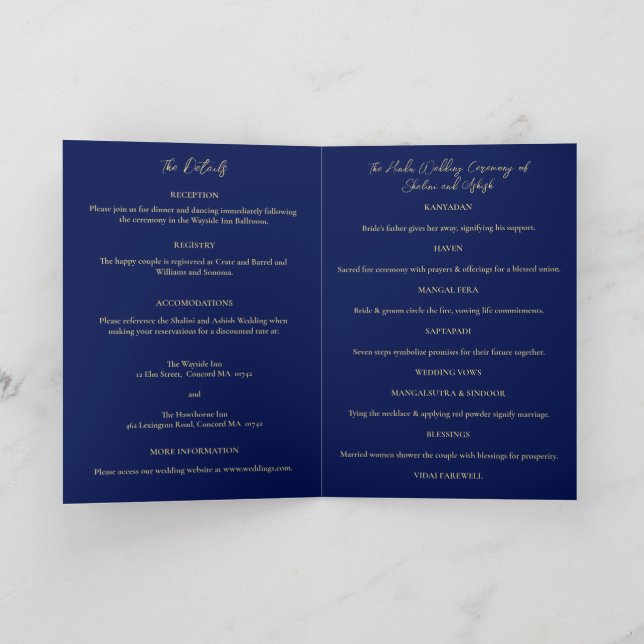 Blue Gold Peacock Indian Wedding Details, Program  (Inside)