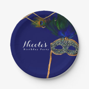 Blue & Gold Peacock Masquerade Custom Party Paper Plate