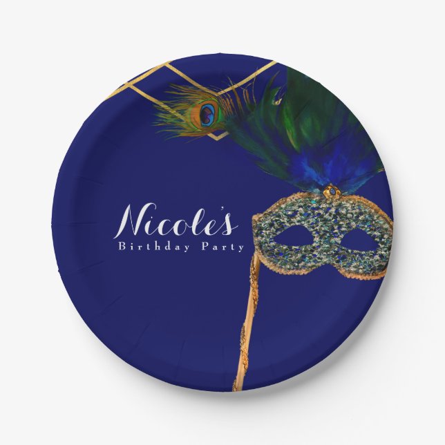 Blue & Gold Peacock Masquerade Custom Party Paper Plate (Front)