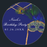 Blue & Gold Peacock Masquerade Party Custom Favour Classic Round Sticker<br><div class="desc">Blue & Gold Peacock Masquerade Party Custom Favour Stickers. Customize with any text you want.</div>
