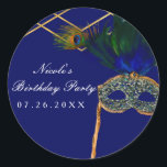 Blue & Gold Peacock Masquerade Party Custom Favour Classic Round Sticker<br><div class="desc">Blue & Gold Peacock Masquerade Party Custom Favour Stickers. Customize with any text you want.</div>