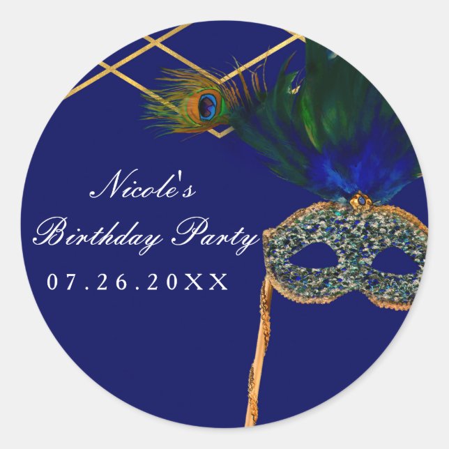 Blue & Gold Peacock Masquerade Party Custom Favour Classic Round Sticker (Front)
