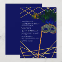 Blue & Gold Peacock Masquerade Party Invitations