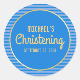 Blue & Gold Personalized Christening Sticker, Boy Classic Round Sticker