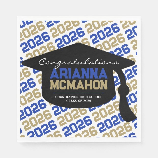 Blue & Gold Personalized Graduation Cap Paper Napkin (Front)