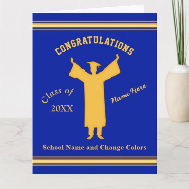 Blue, Gold Personalized Graduation Cards for Him (Front)