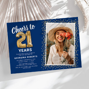 Blue & Gold Photo 21st Birthday Invitation