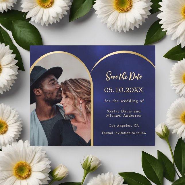 Blue gold photo arch wedding Save the Date card (Creator Uploaded)