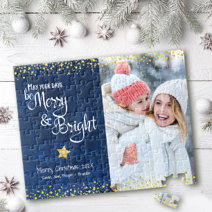 Blue Gold Photo Days Merry Bright Script Holiday Jigsaw Puzzle