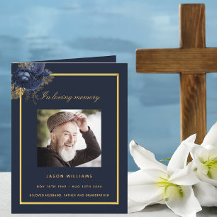 Blue gold photo elegant floral funeral program