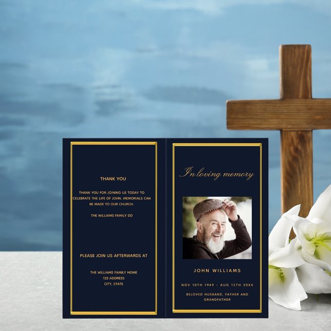 Blue gold photo elegant funeral program (Creator Uploaded)
