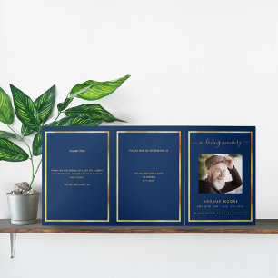 Blue gold photo elegant tri-fold funeral program