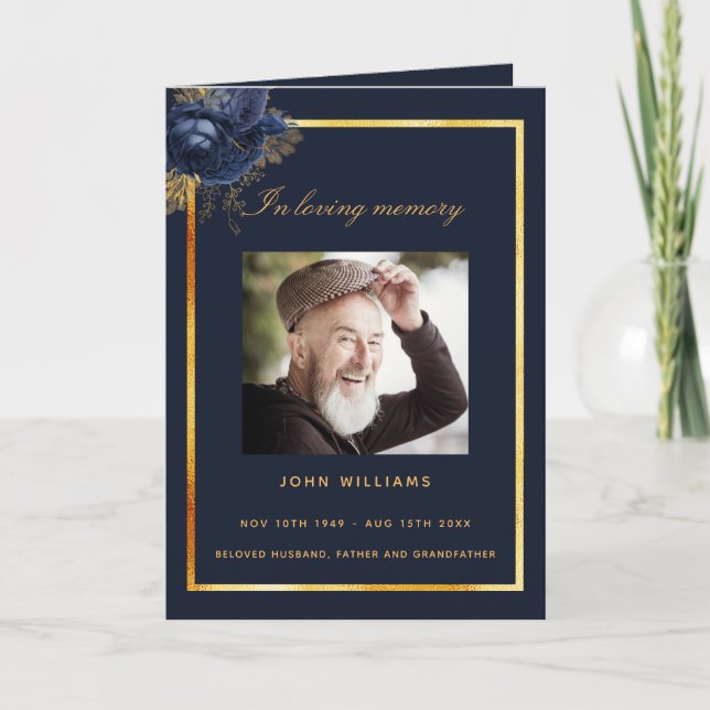 Blue gold photo floral classic funeral program (Front)