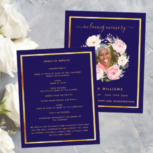 Blue gold photo pink floral funeral program