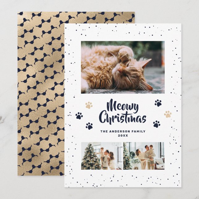Blue Gold Photo Snow Paws Meowy Christmas Card (Front/Back)