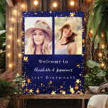 Blue gold photo stars 2 persons birthday welcome poster<br><div class="desc">A photo welcome poster for 2 persons,  friends,  sisters,  twins.  A navy blue,  uneven coloured background,  decorated with faux gold stars. Personalize and add 2 photos,  names and date(s)</div>