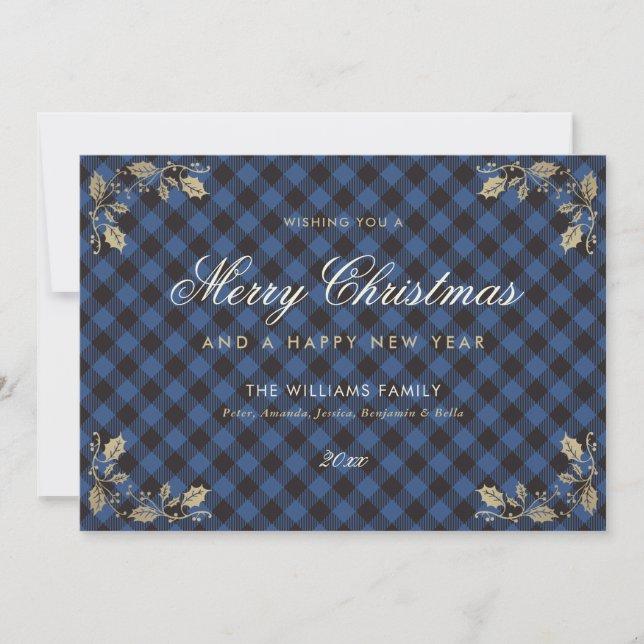 Blue Gold Plaid Christmas Happy New Year Cards (Front)