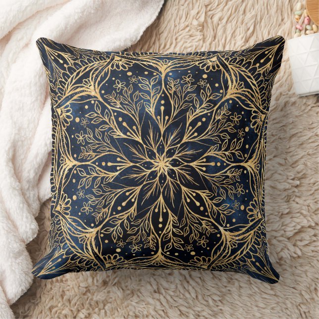 Blue Gold Poinsettia Flower Mandala Throw Pillow (Blanket)