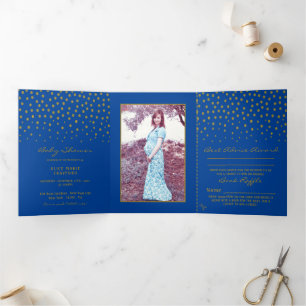 Blue & Gold Polka Dot, Baby Shower Suite Tri-Fold Invitation