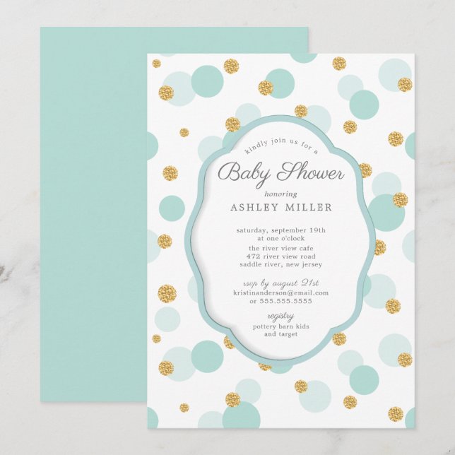 Blue & Gold Polka Dots Boys Baby Shower Invitation (Front/Back)